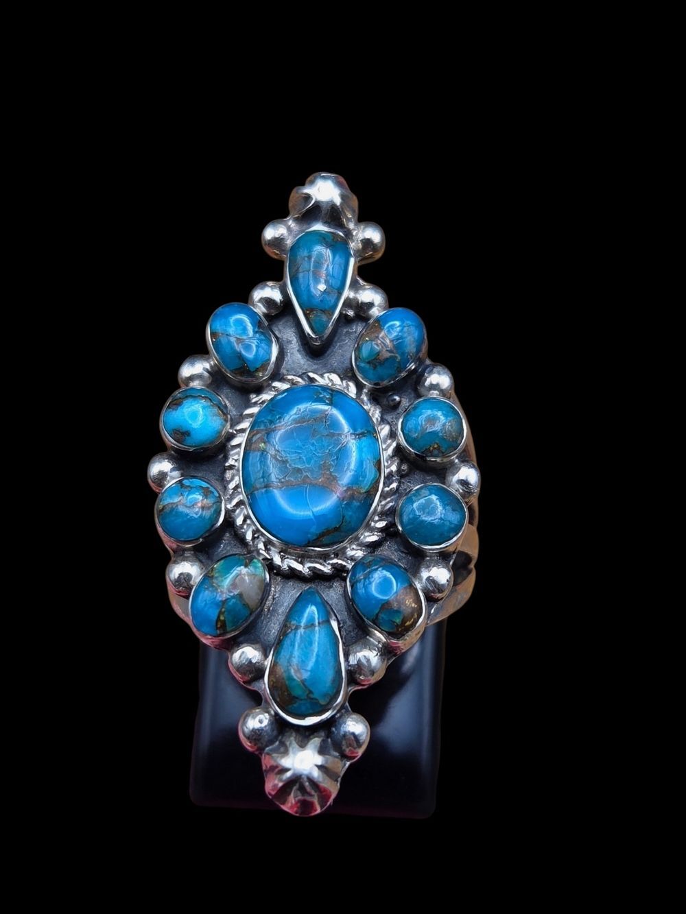 Vintage Zuni Sterling Silver Turquoise Cluster Statement Ring Size 6.5 Signed AA